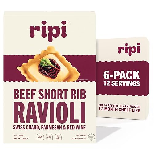 Ripi Braised Short Rib Ravioli - Red Wine, Swiss Chard & Parmesan - Frozen Pasta Meal - Ready in Under 5 Minutes, 9oz packs (6 Pack, Beef Short Rib)