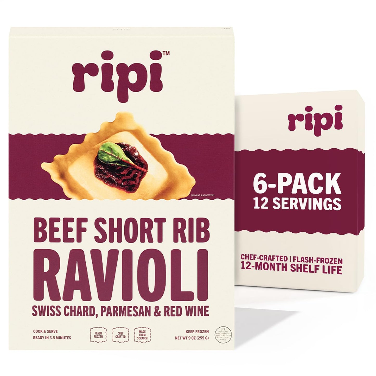 Ripi Braised Short Rib Ravioli - Red Wine, Swiss Chard & Parmesan - Frozen Pasta Meal - Ready in Under 5 Minutes, 9oz packs (6 Pack, Beef Short Rib)