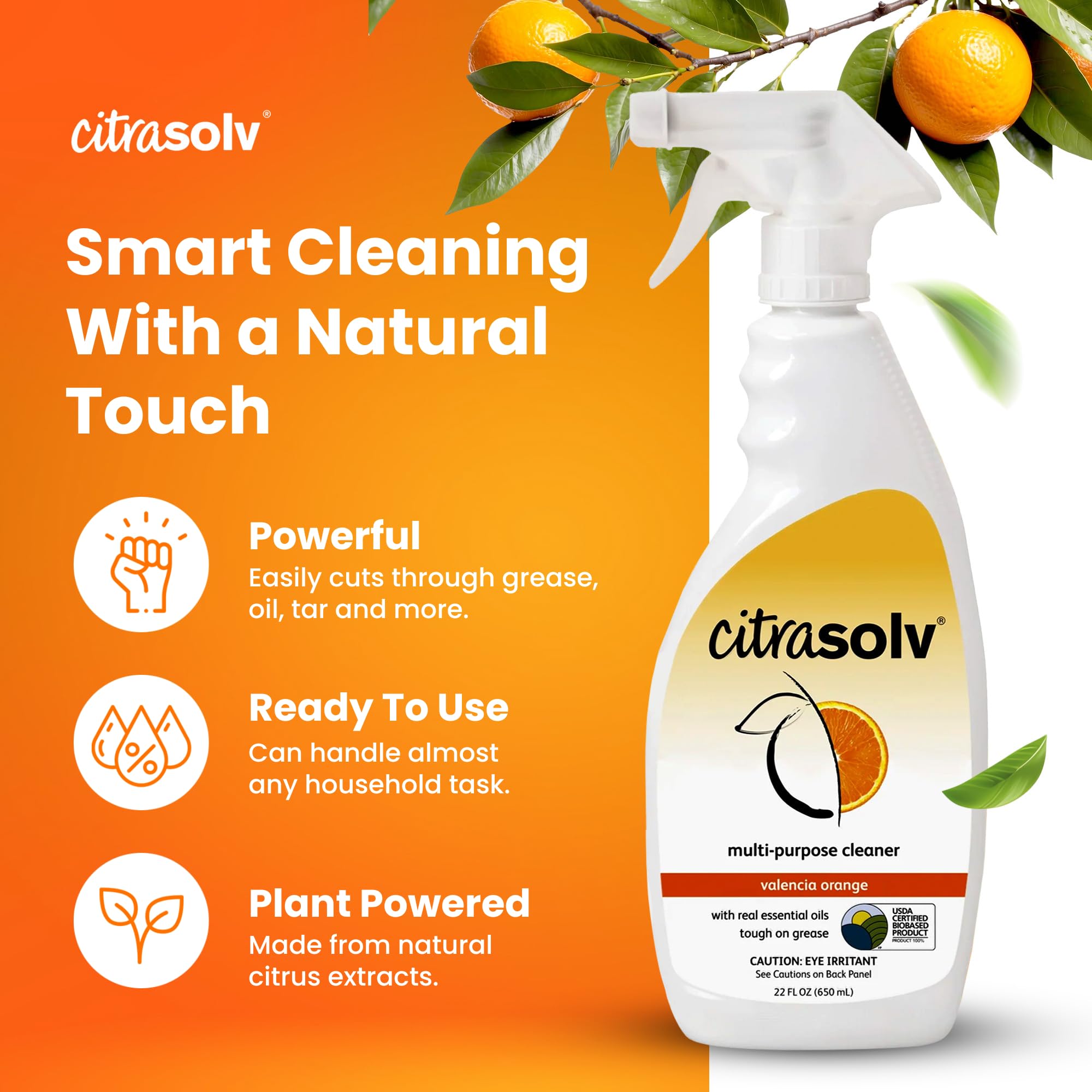 Citra Solv All Purpose Cleaning Spray - Powerful Citrus Degreaser for Kitchen & Bathroom, Multi-Surface Cleaner, No Harsh Chemicals, Valencia Orange