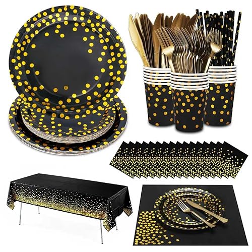 129PCS Black Gold Paper Plates Party Supplies Dinnerware Sets for 16 Guests, Disposable Paper Party Plates, Dessert Plates, Cups, Napkins, Plastic