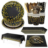129PCS Black Gold Paper Plates Party Supplies Dinnerware Sets for 16 Guests, Disposable Paper Party Plates, Dessert Plates, Cups, Napkins, Plastic