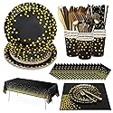 129PCS Black Gold Paper Plates Party Supplies Dinnerware Sets for 16 Guests, Disposable Paper Party Plates, Dessert Plates, Cups, Napkins, Plastic