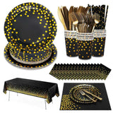 129PCS Black Gold Paper Plates Party Supplies Dinnerware Sets for 16 Guests, Disposable Paper Party Plates, Dessert Plates, Cups, Napkins, Plastic