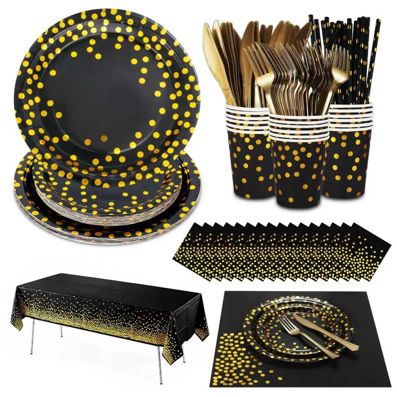 129PCS Black Gold Paper Plates Party Supplies Dinnerware Sets for 16 Guests, Disposable Paper Party Plates, Dessert Plates, Cups, Napkins, Plastic