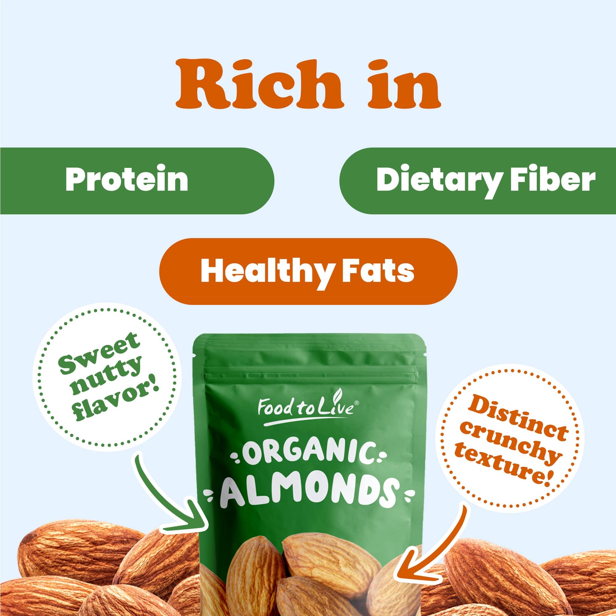 Food to Live Organic California Almonds, 5 Pounds - Non-GMO, Whole, Unsalted, Unroasted, Keto, Vegan Nuts in Bulk. Rich in Vitamin E. Snack. Great