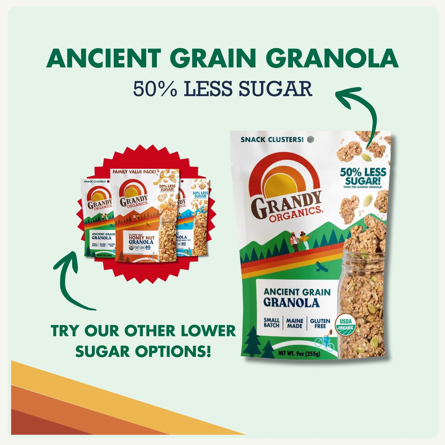 Grandy Organics Ancient Grain Granola Clusters - Certified Organic & Gluten Free - 6g Protein - Non GMO & Vegan - Ancient Grains, Oats, Seeds & Quinoa