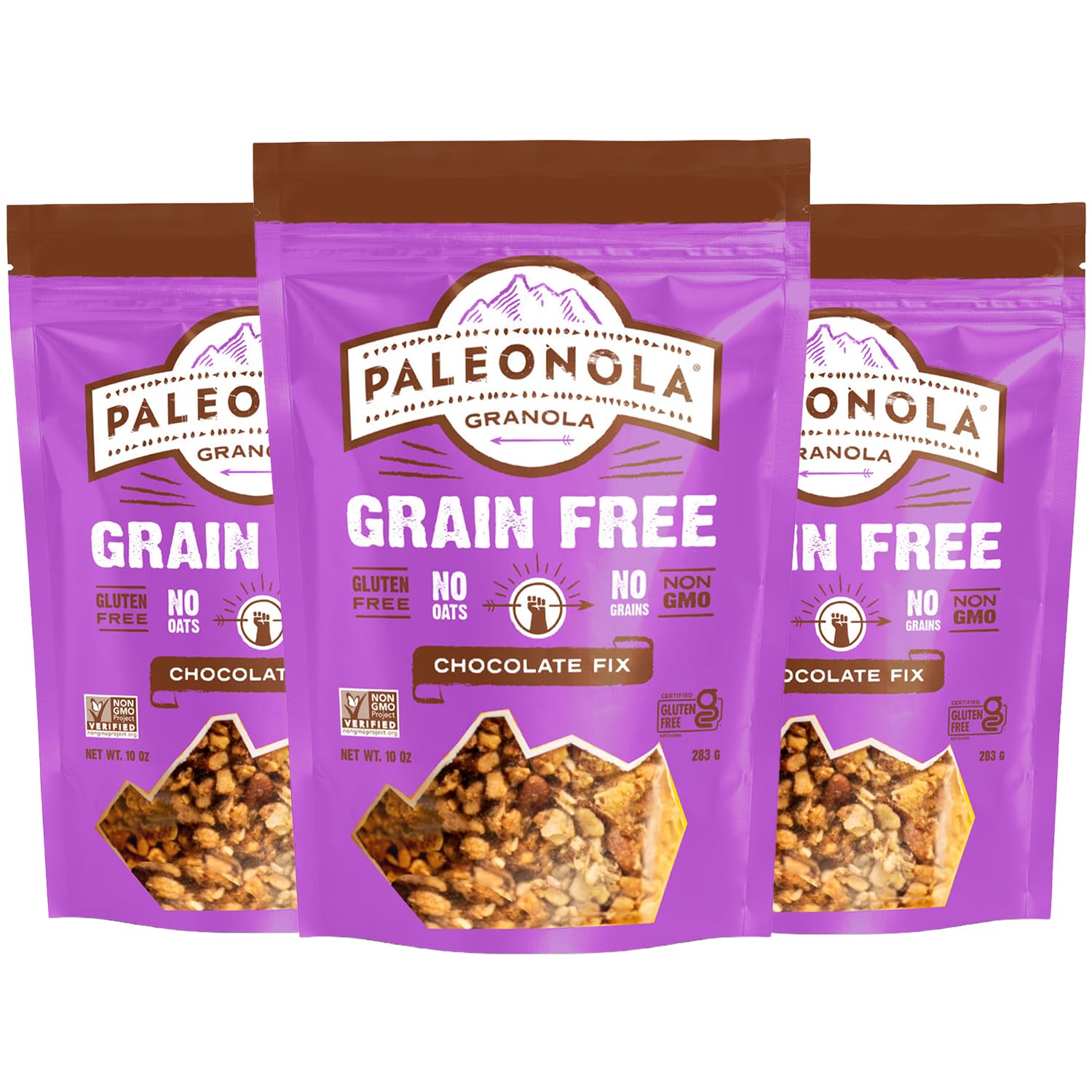Paleonola Chocolate Fix Grain Free Granola, 10 Oz Resealable Bag (Pack of 3) - Grainless Paleo Granola Blended w/Dried Cranberries & Coconut, Organic