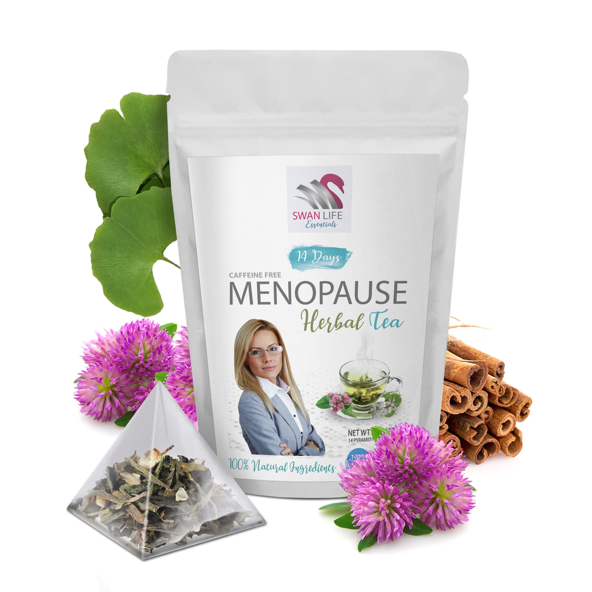black cohosh for menopause hot flashes - MENOPAUSE HERBAL TEA 14 days, caffeine free, black cohosh, gingko leaf, red clover herb, cinnamon chip