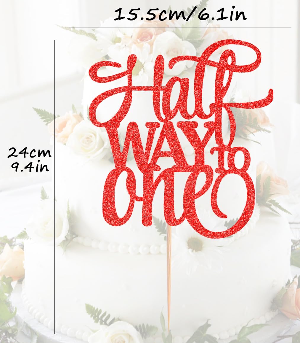 AHAORAY Half Way To One Cake Topper - Red Glitter 6 Months Birthday Decorations Supplies - Half Birthday Decorations Baby Girl, for Baby Shower/Gender