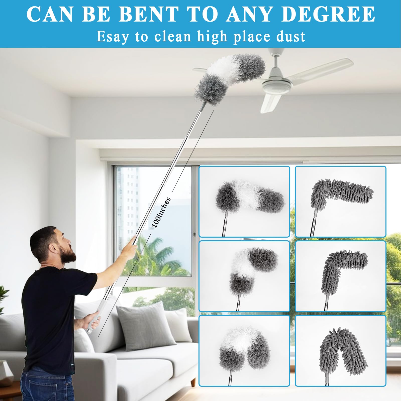HLWDFLZ Microfiber Duster Kit 25pcs with 30 to 100 Inches Extension Pole and Baseboard Cleaner Tool, Washable and Bendable Feather Duster for Cleaning