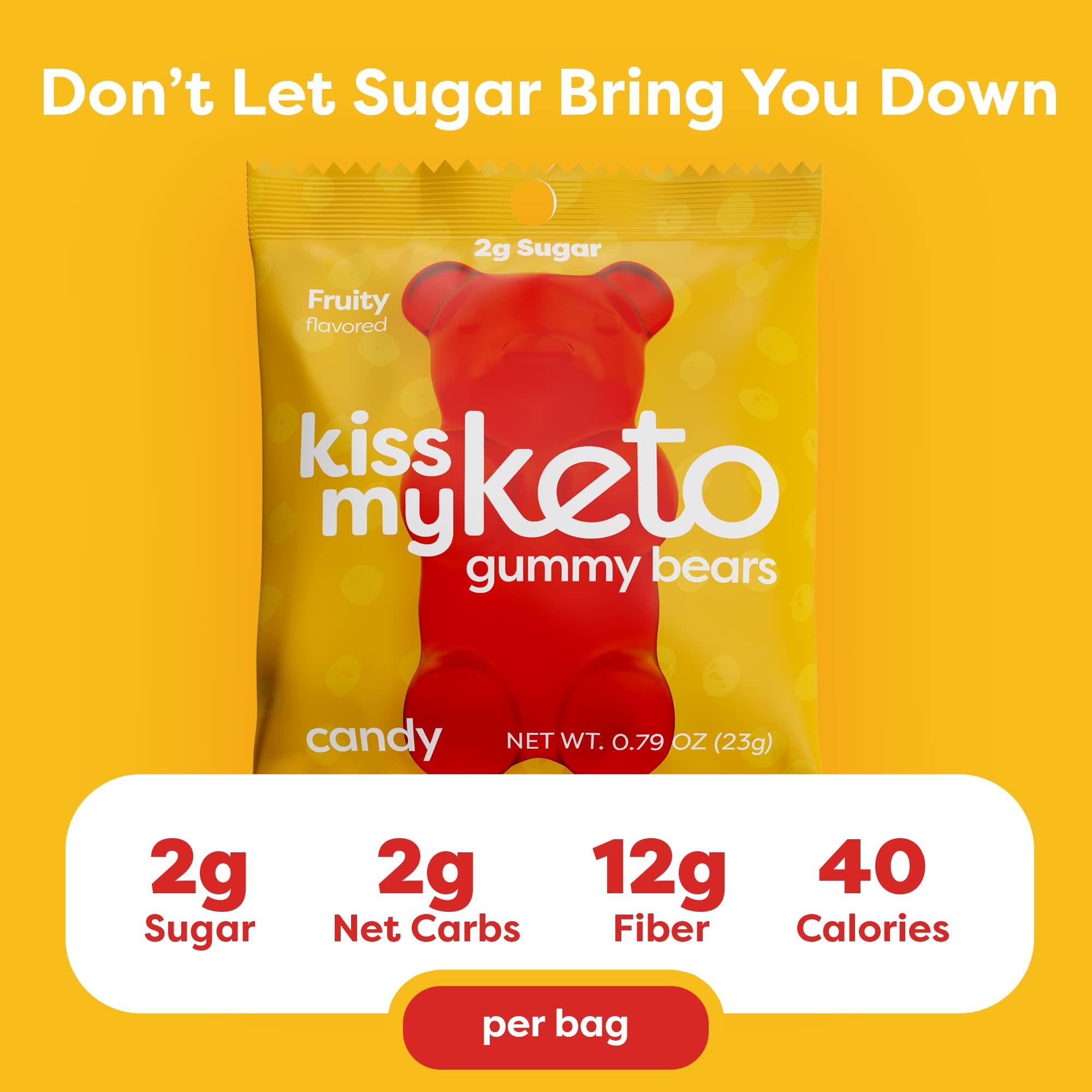 Kiss My Keto Sugar Free Gummy Bears, 12-Pack - Satisfy Cravings while Staying in Ketosis - High Fiber, 3g Net Carbs, Non-GMO & No Gluten - Fruity