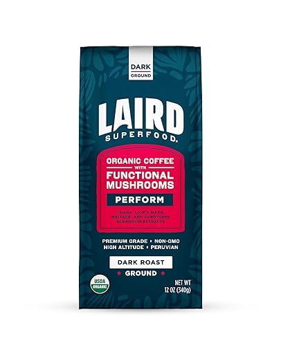 Laird Superfood Peruvian Dark Roast Coffee with Functional Mushrooms, Certified Organic Peruvian Ground Coffee Beans, Gluten-Free, Dairy-Free