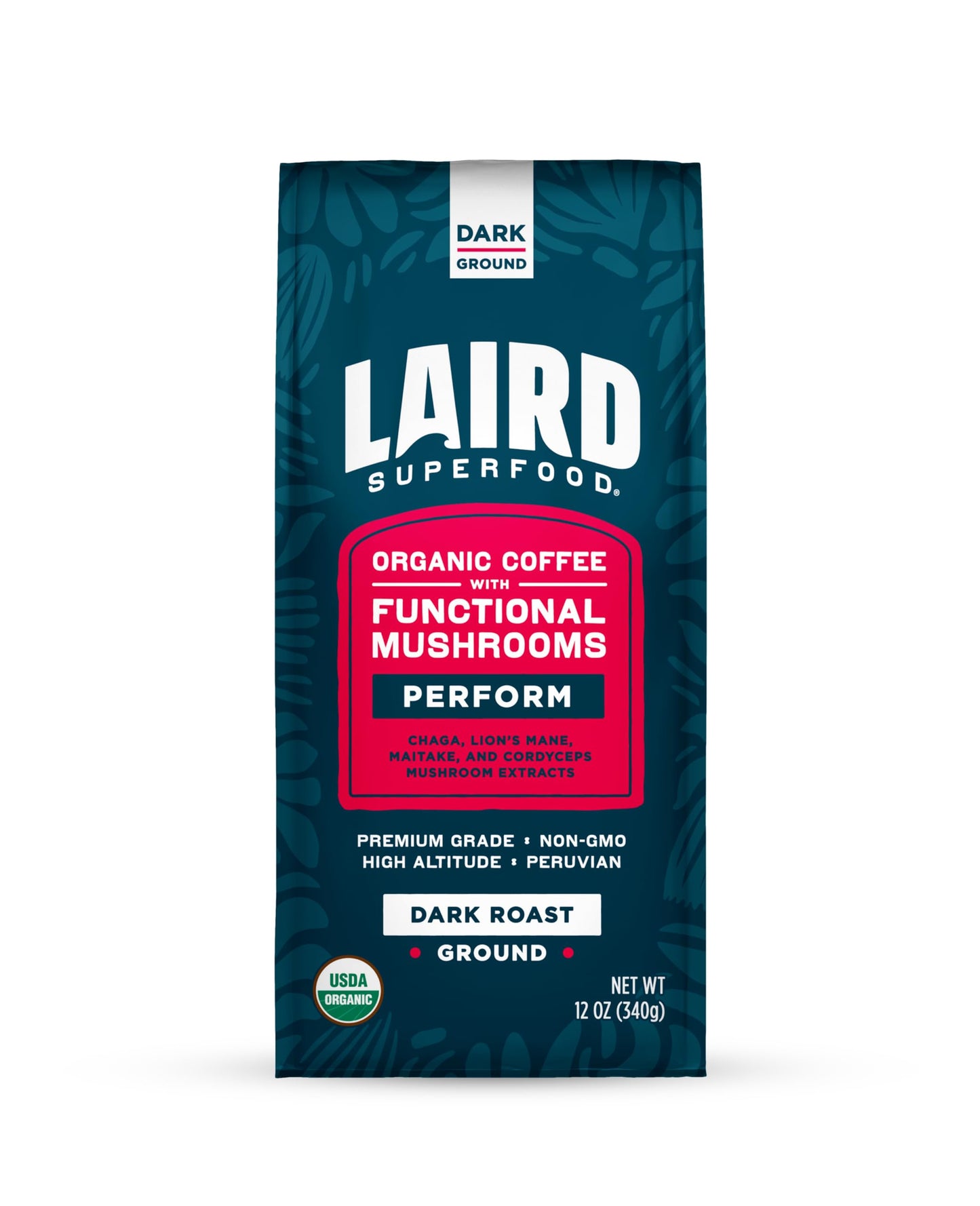 Laird Superfood Peruvian Dark Roast Coffee with Functional Mushrooms, Certified Organic Peruvian Ground Coffee Beans, Gluten-Free, Dairy-Free