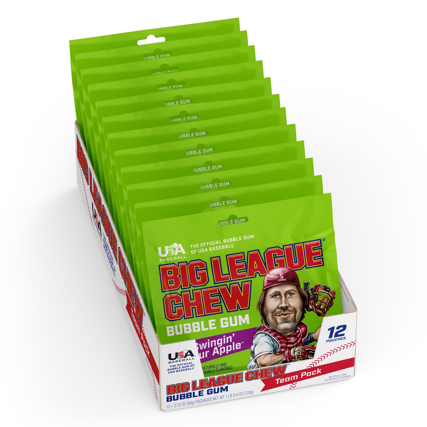 Big League Chew Swingin' Sour Apple Bubble Gum - Tart & Tangy Apple Flavor Burst | Ideal for Baseball Games, Teams, Concessions, Parties, and More |