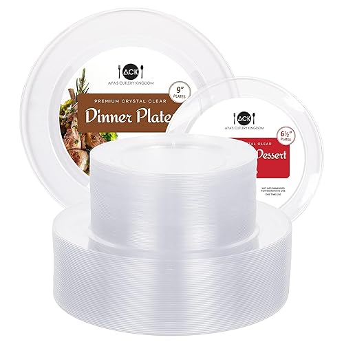 Aya's Cutlery Kingdom 100 Clear Plastic Plates for Party - Heavy Duty Disposable Set of 50 Dinner and 50 Dessert Plates - Elegant Plastic Disposable