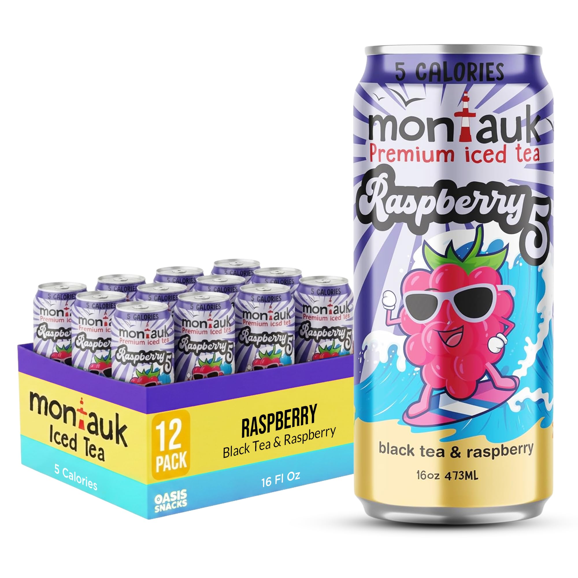 Montauk Premium Iced Tea, Ready-to-Drink Tea, 16 fl oz Cans (Pack of 12, Raspberry)