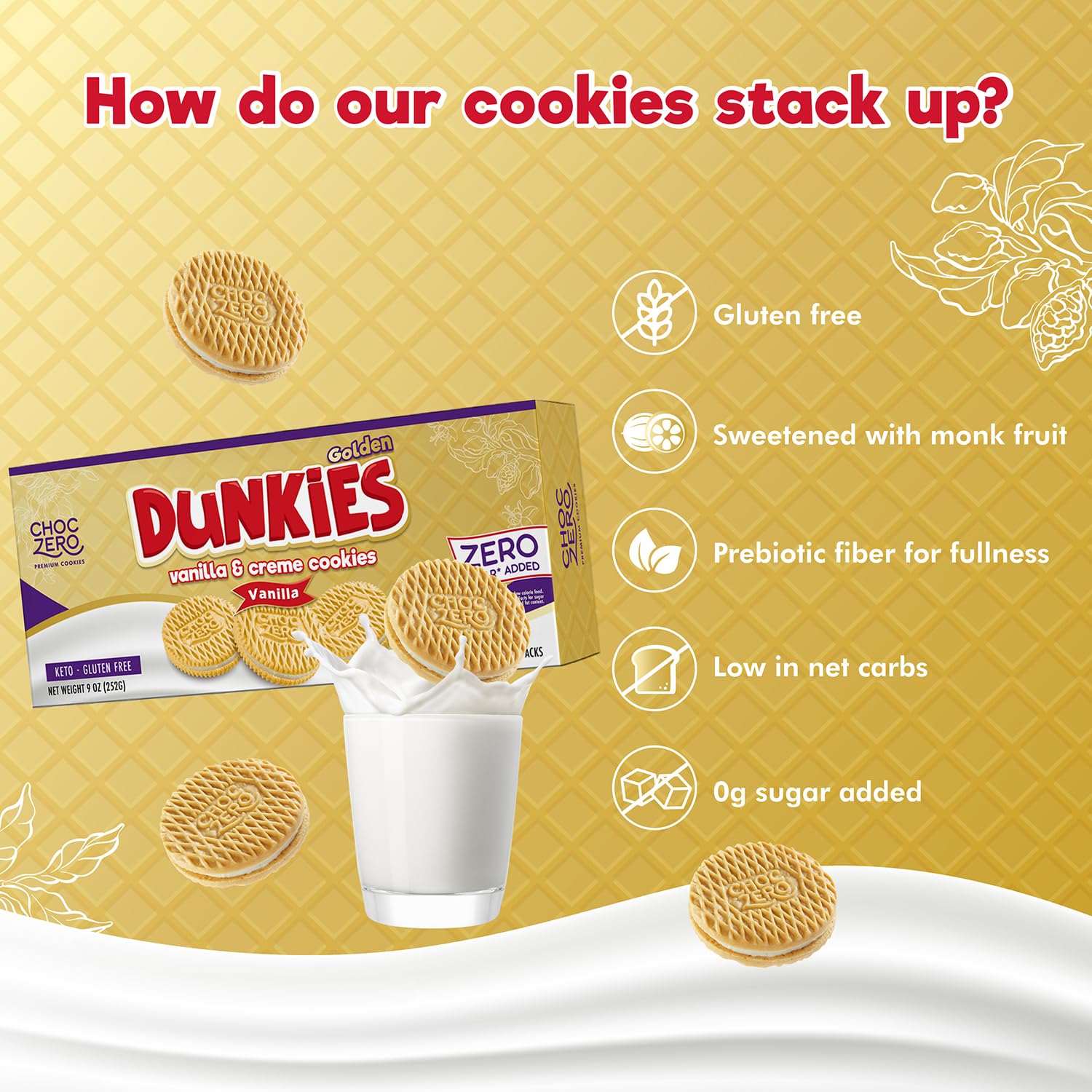 ChocZero Gluten-Free Vanilla Sandwich Cookies with Creme - Low Sugar, Keto Friendly Dunkies (1 Box, 9oz)