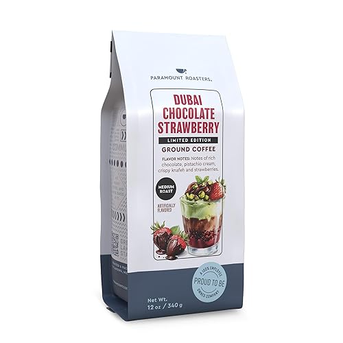 Paramount roasters Limited Edition Dubai Chocolate Strawberry Flavored Ground Coffee, 12oz Medium Roast