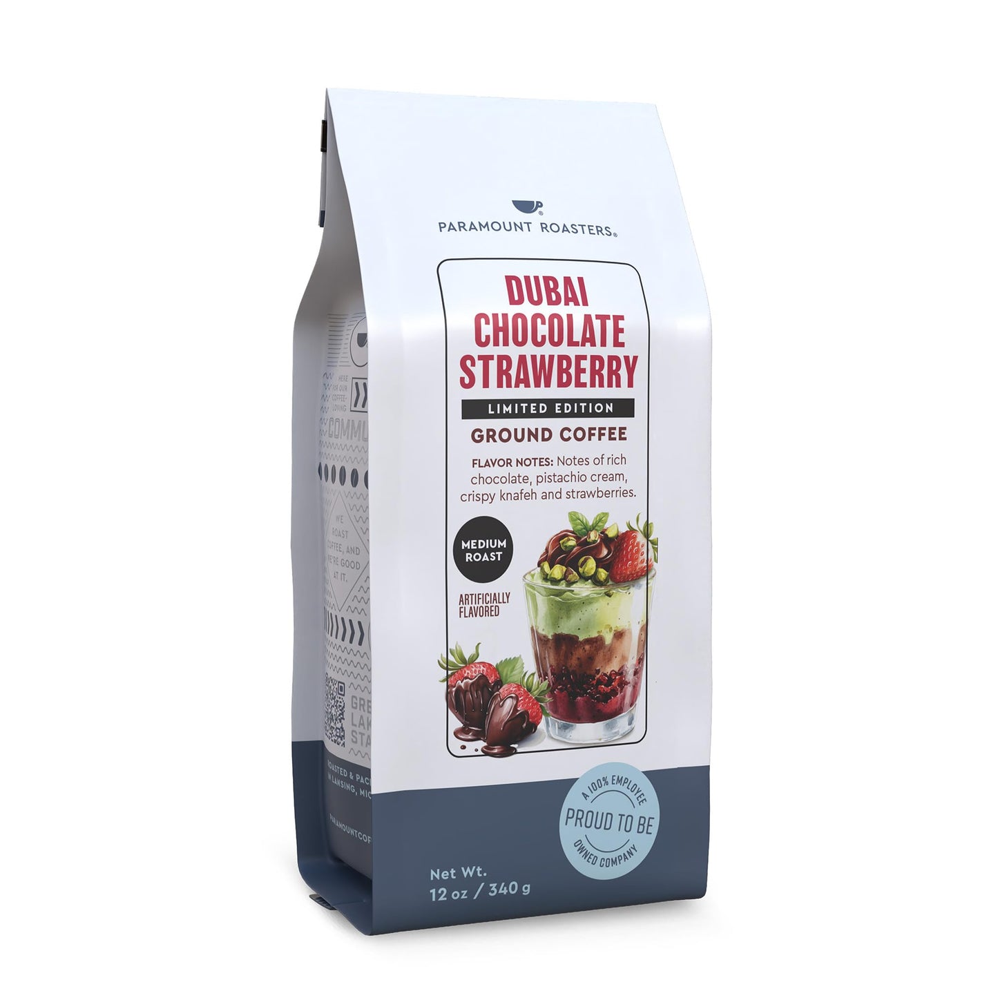 Paramount roasters Limited Edition Dubai Chocolate Strawberry Flavored Ground Coffee, 12oz Medium Roast
