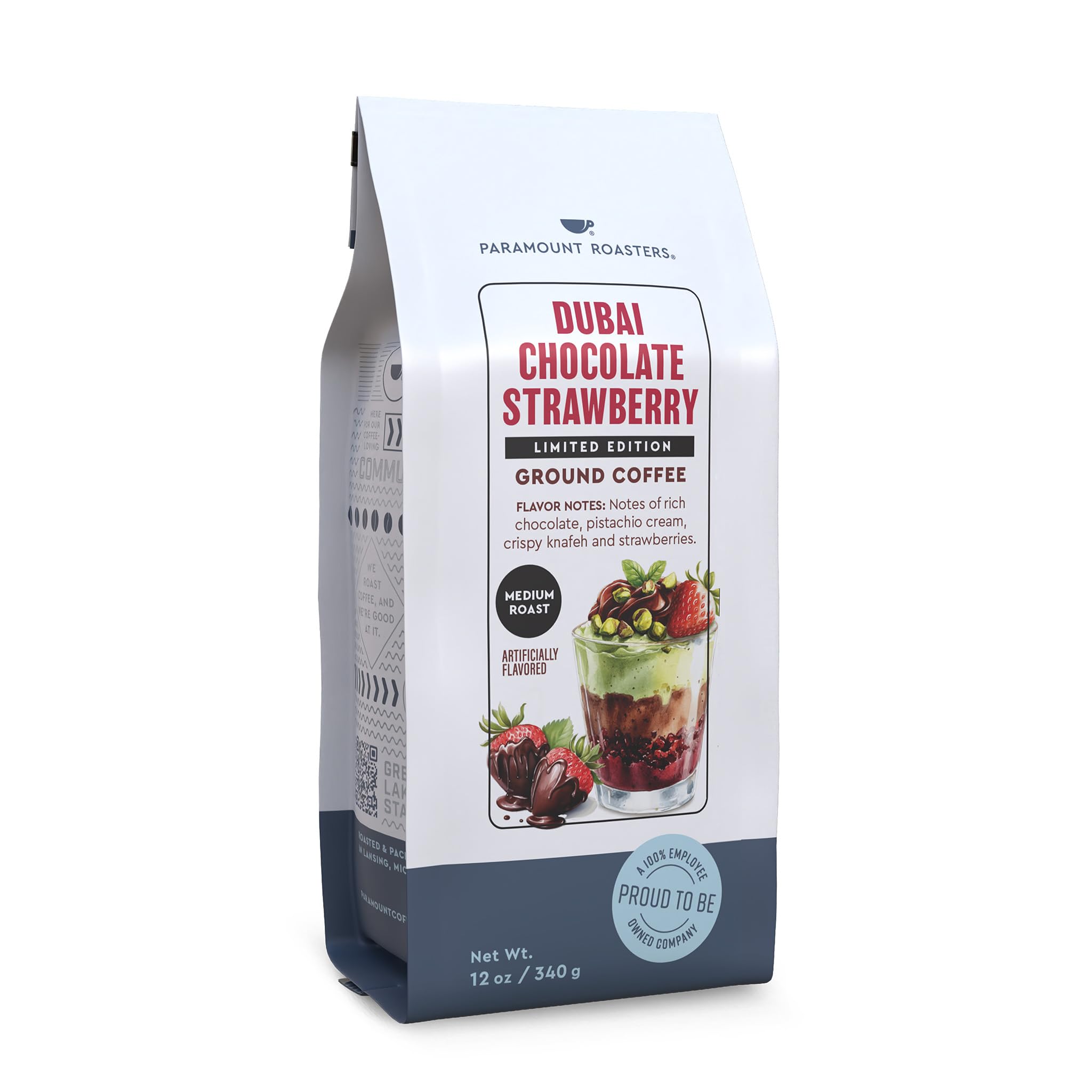 Paramount roasters Limited Edition Dubai Chocolate Strawberry Flavored Ground Coffee, 12oz Medium Roast