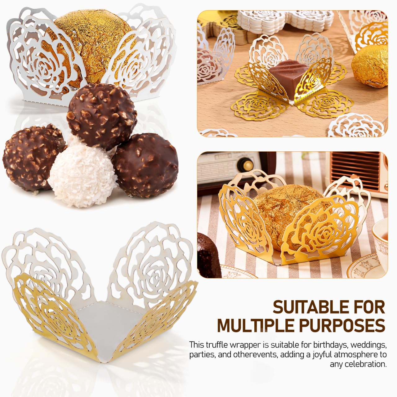 100Pcs Hollow-Out Flower Chocolate Wrappers Cups for Wedding Party Favors Candy Bar Chocolate Paper Liners Truffle Cups Dessert Liners