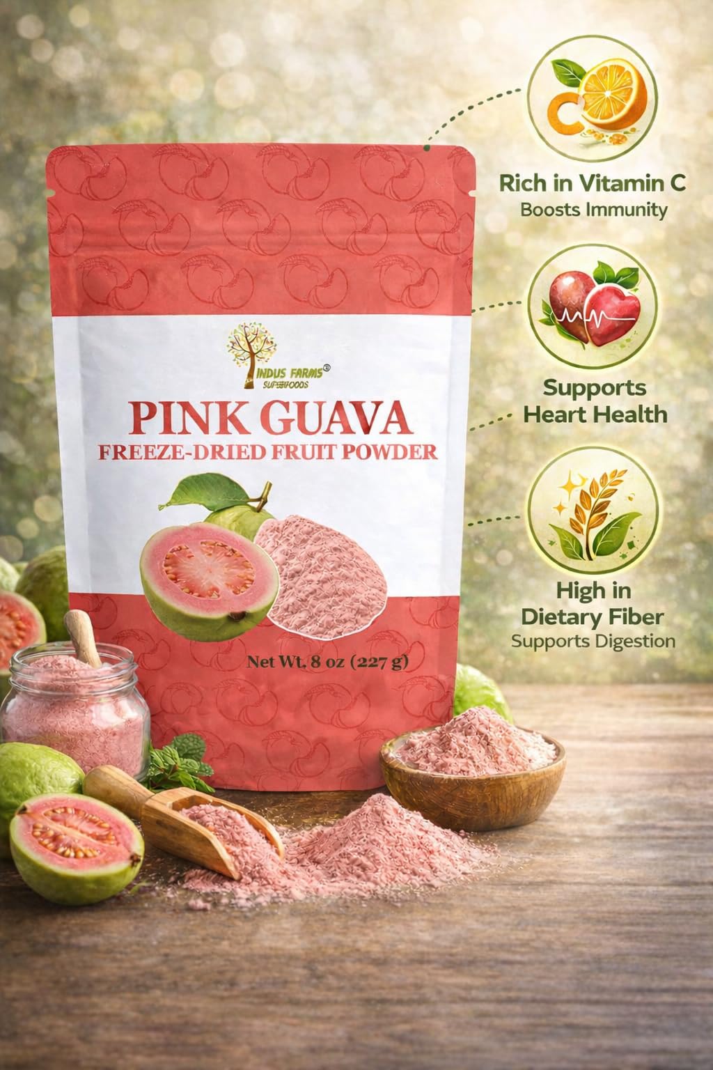 Indus Farms Freeze Dried Pink Guava Powder, Unsweetened Tropical Fruit for Smoothies, Yogurt, Baking & Ice Cream, Single Ingredient, No Added Sugar