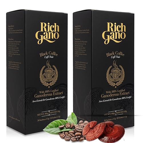 Rich Gano Reishi Mushroom Coffee - (2 Boxes of 30 Sachets) Black Coffee with Ganoderma Extract - All Natural Vegan Friendly Instant Coffee Packets