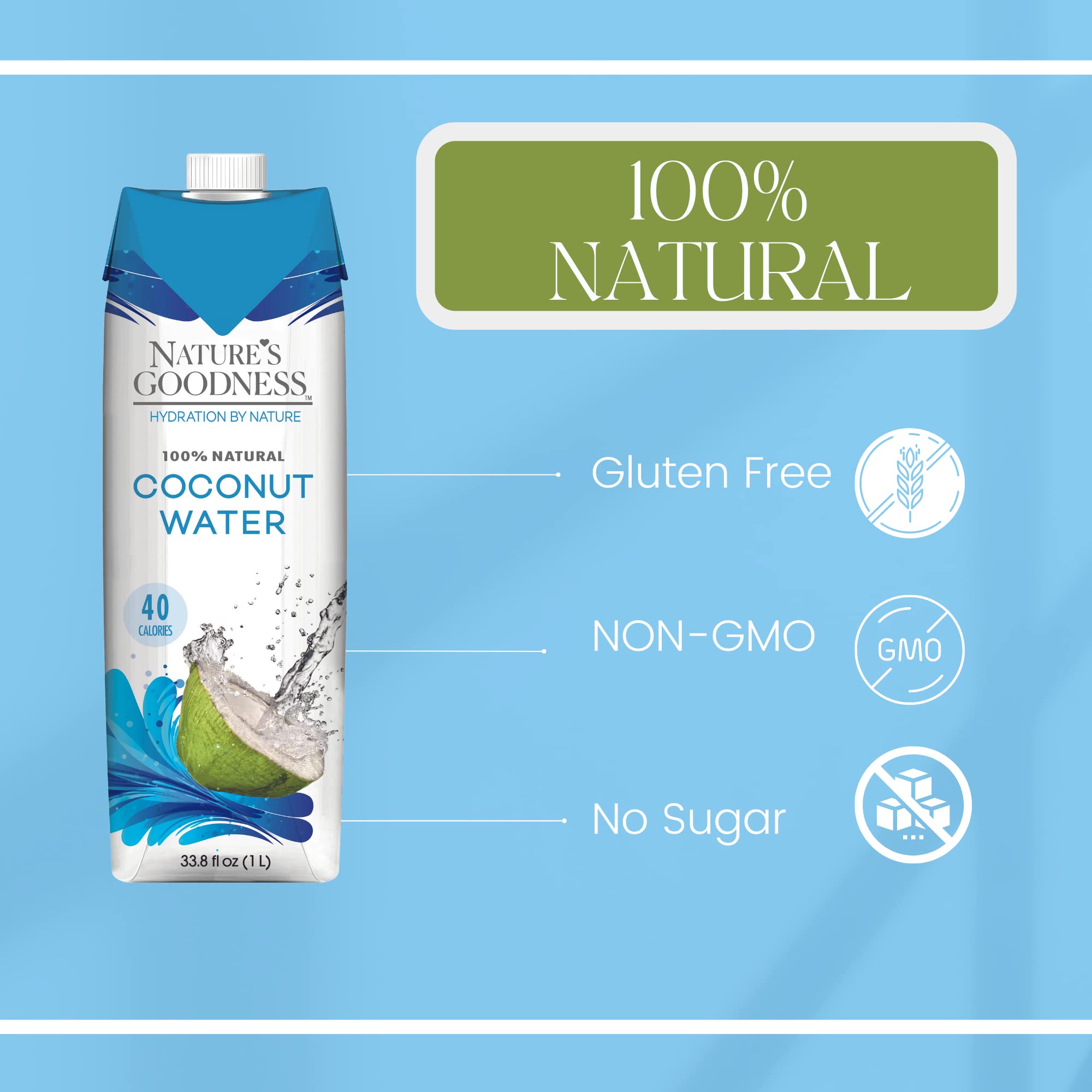 6 Pack of Nature's Goodness Coconut Water - 33.82 Fl Oz 1(L) (No Pulp, Sugar Free, Vegan, Hydrating Naturally)