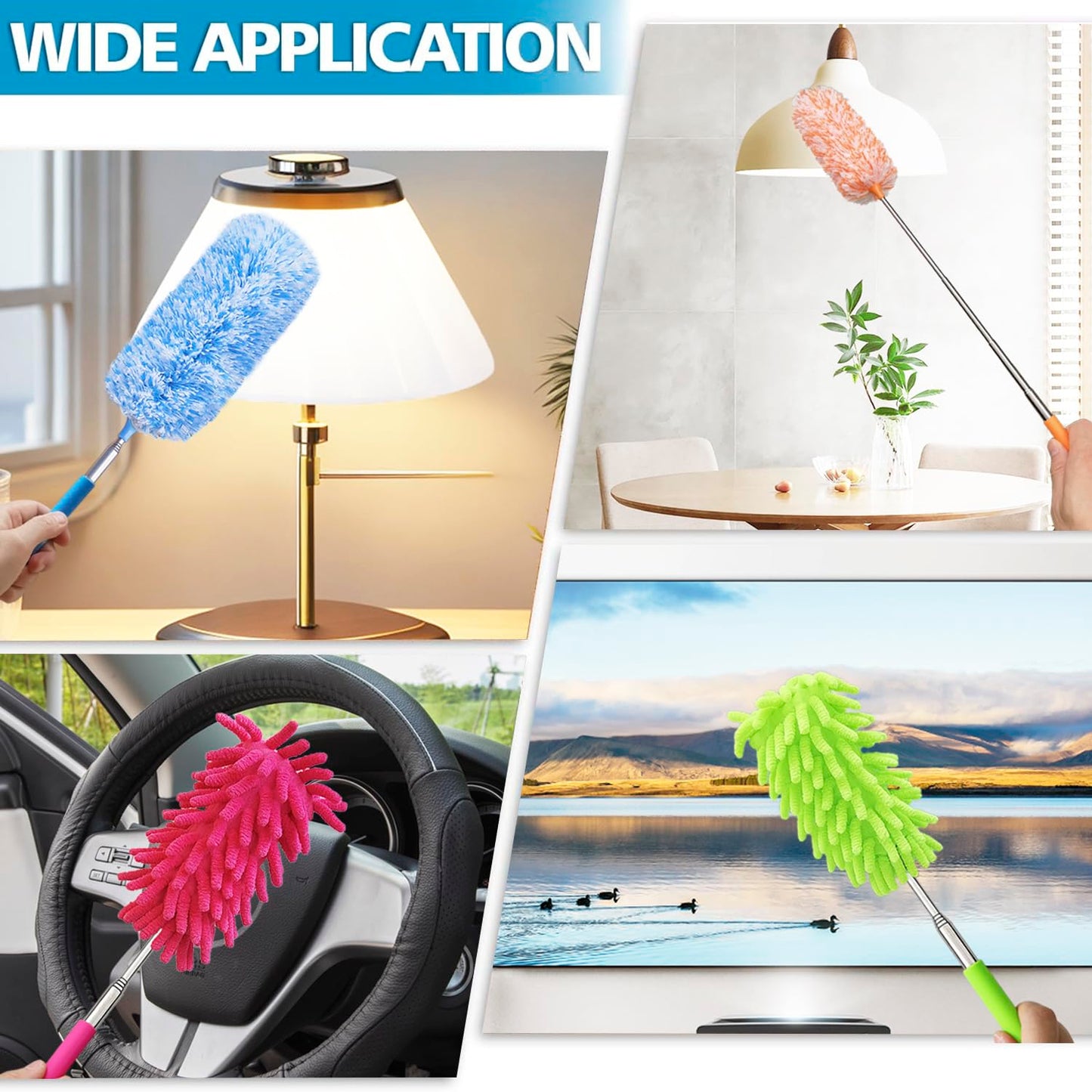 4 Pack 13" to 30" Extendable Feather Duster Kit, Washable Duster Head, Microfiber Duster for Office, Car, Window, Furniture
