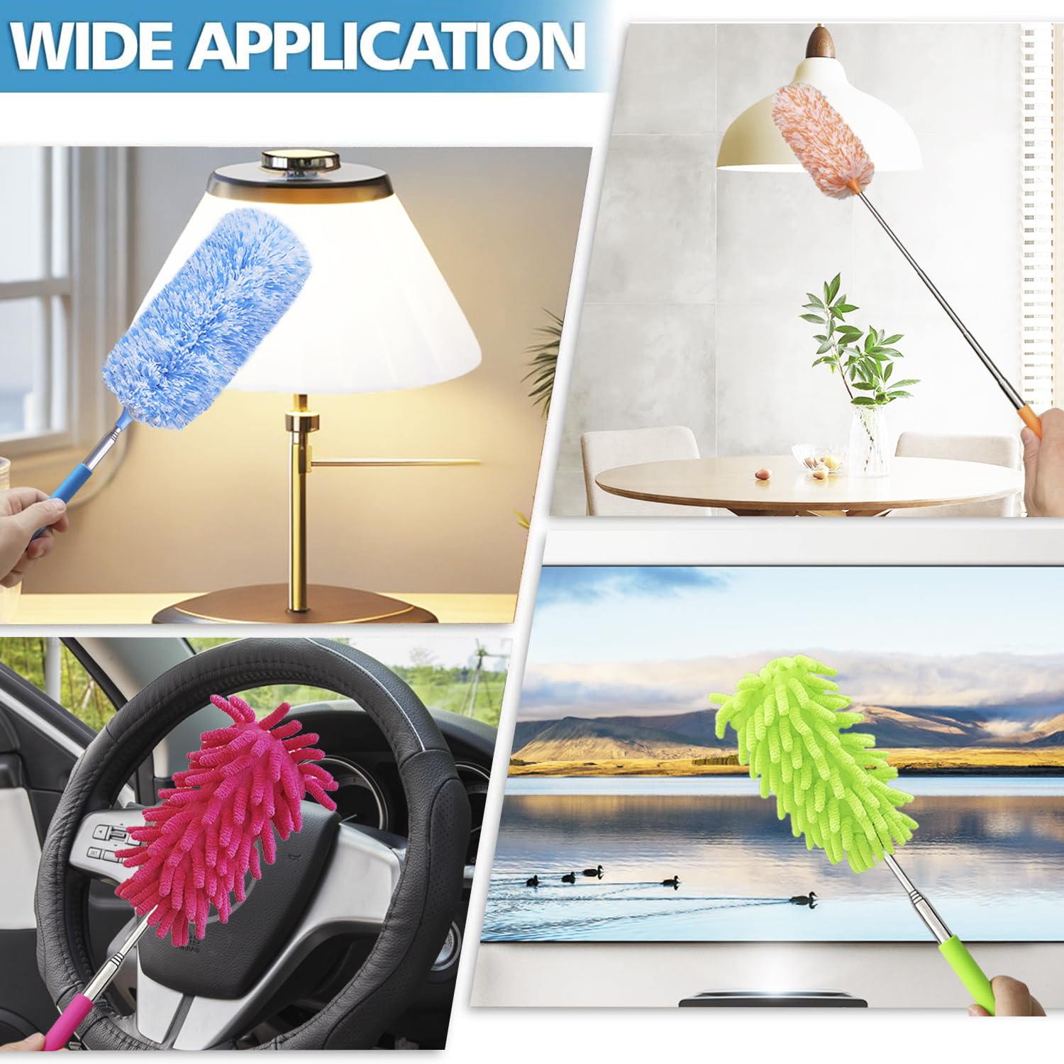 4 Pack 13" to 30" Extendable Feather Duster Kit, Washable Duster Head, Microfiber Duster for Office, Car, Window, Furniture