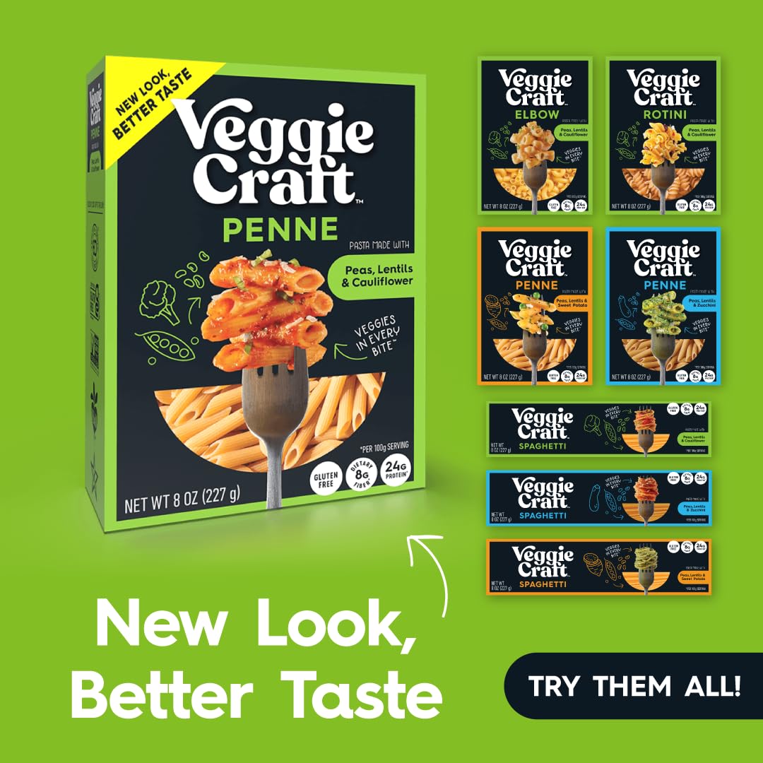 Veggiecraft Farms Penne Pasta - Low Carb Pasta, High Protein, Made with Cauliflower, Lentil & Peas, Gluten Free, Plant Based Pasta Noodles, High