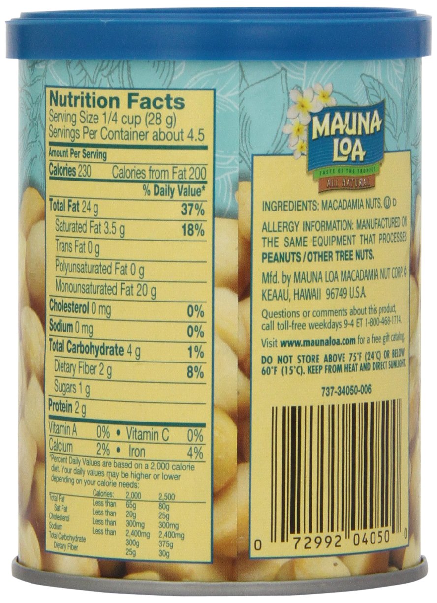 Mauna Loa Premium Hawaiian Roasted Macadamia Nuts, Unsalted Flavor, 4.5 Ounce Can (Pack Of 1)