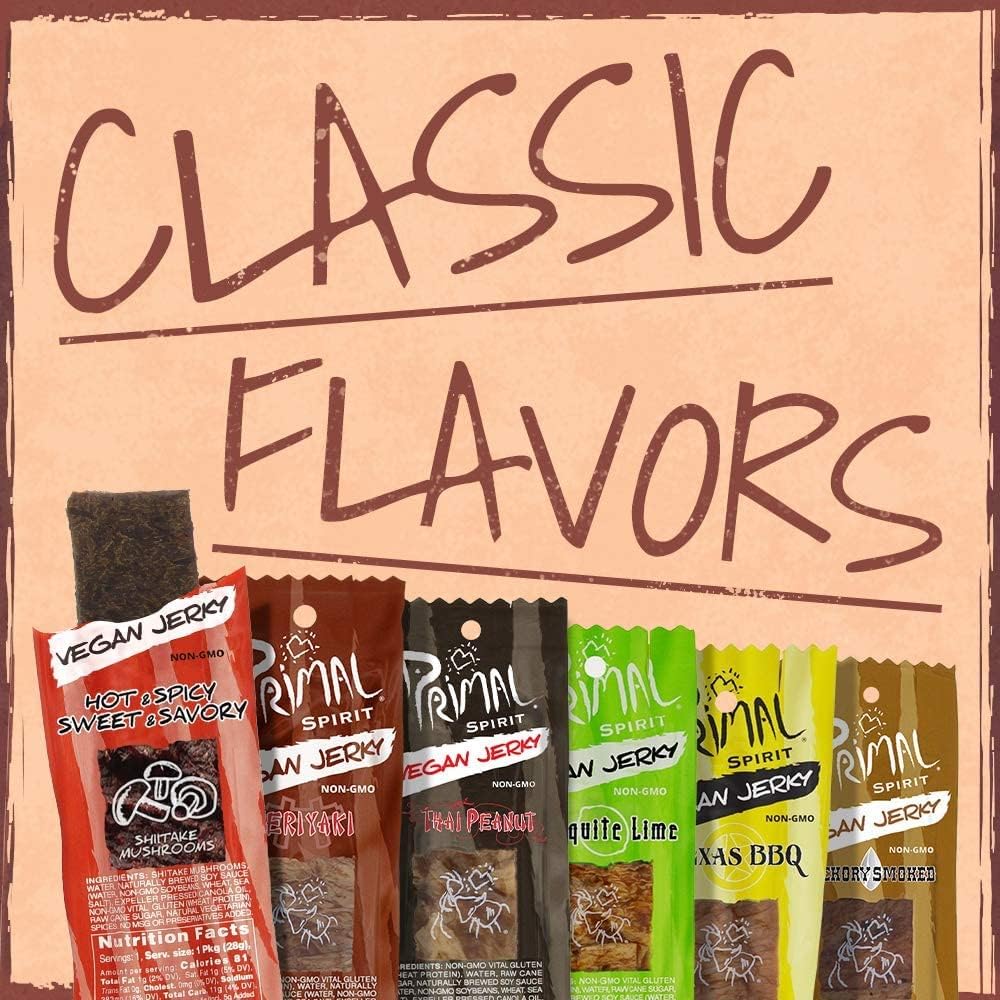 Primal Spirit Vegan Jerky “SHIITAKE MUSHROOM” - “Classic Flavor” - Hot & Spicy-Sweet & Savory, 10 g. Plant Based Protein, Certified Non-GMO, No