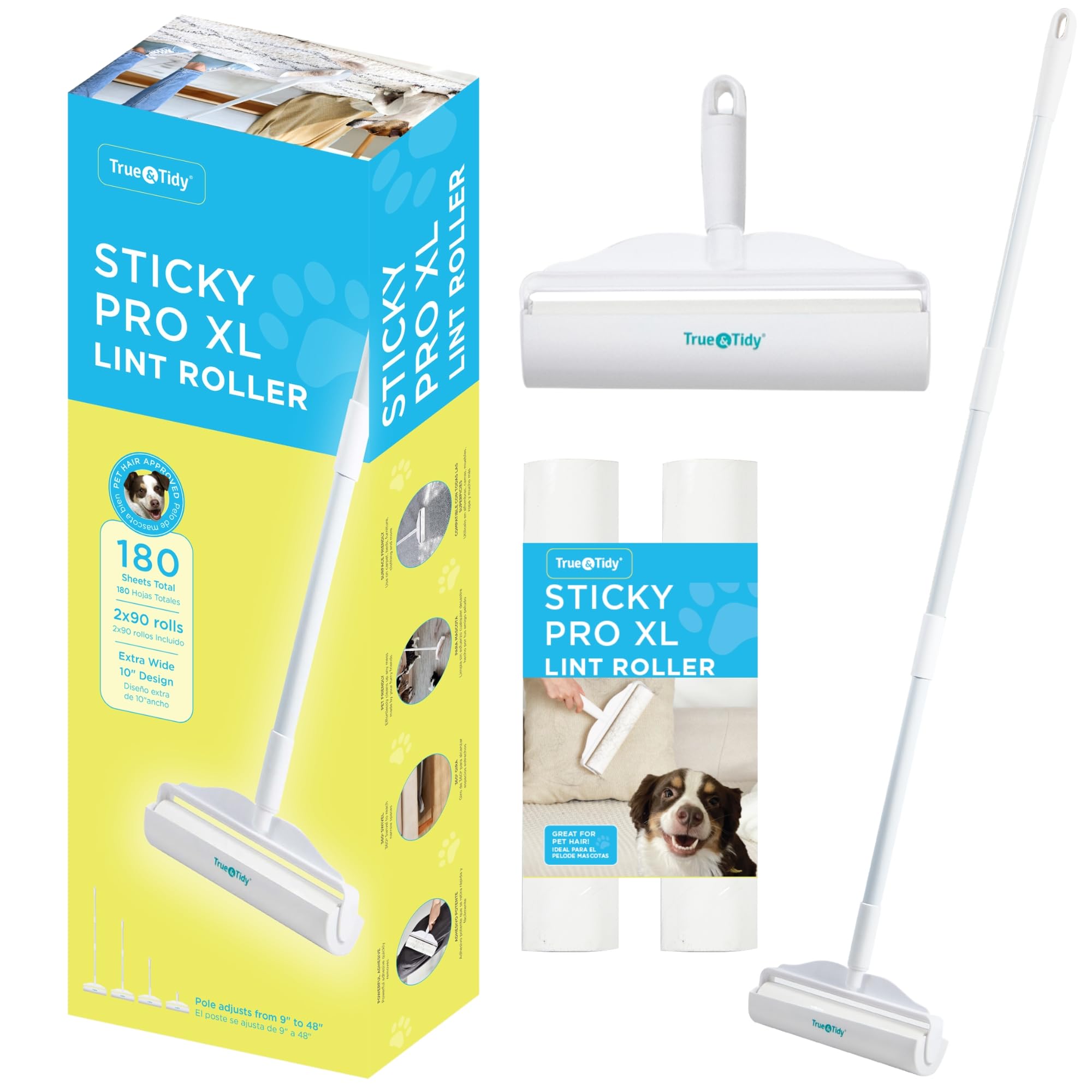 True & Tidy StickyPro XL Lint Roller Value Set with 2 Lint Roller Refills, Heavy-Duty Durable, Adjustable Handle Works Great on Pet Hair, Clothing