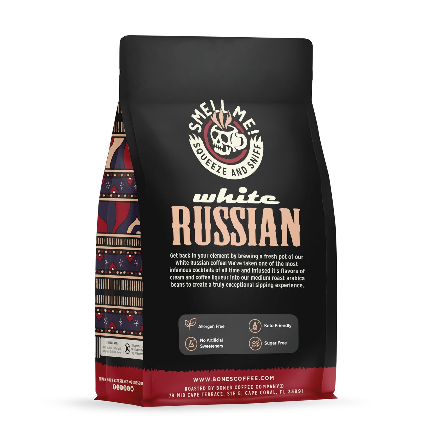 Bones Coffee Company White Russian, Cream and Cocktail Flavored Coffee, Medium Roast Low Acid Arabica Beans Compatible with Auto drip and French Press