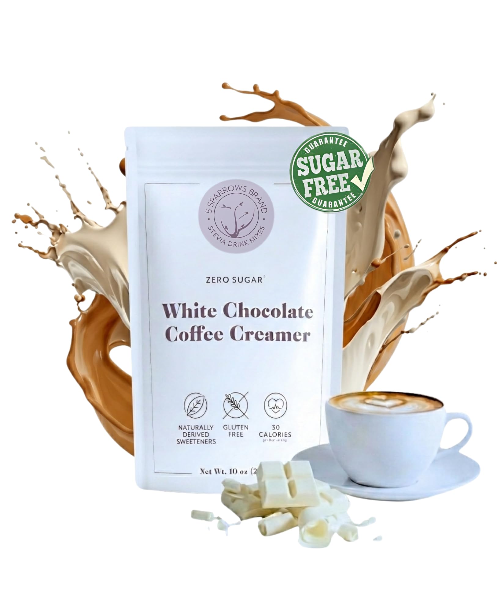 5 SPARROWS Healthy Sugar-Free Coffee Creamer Powder (White Chocolate) - Stevia-Sweetened, Zero Sugar - Keto-Friendly Flavored Drink Mix, 10 oz