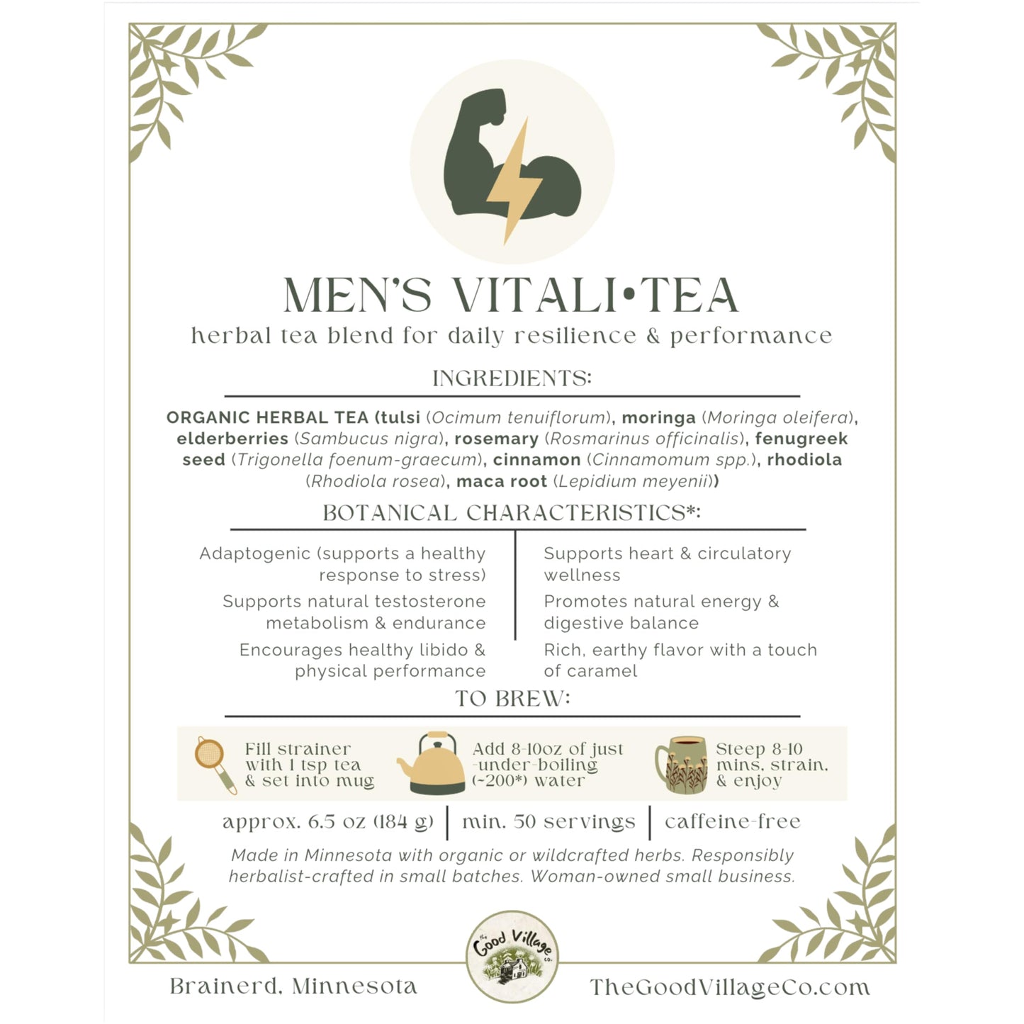 The Good Village Co. Men’s Vitali Loose Leaf Herbal Tea, Caffeine Free Botanical Blend with Ashwagandha, Nettle & Roasted Herbs, 6.5 oz, Approx. 50