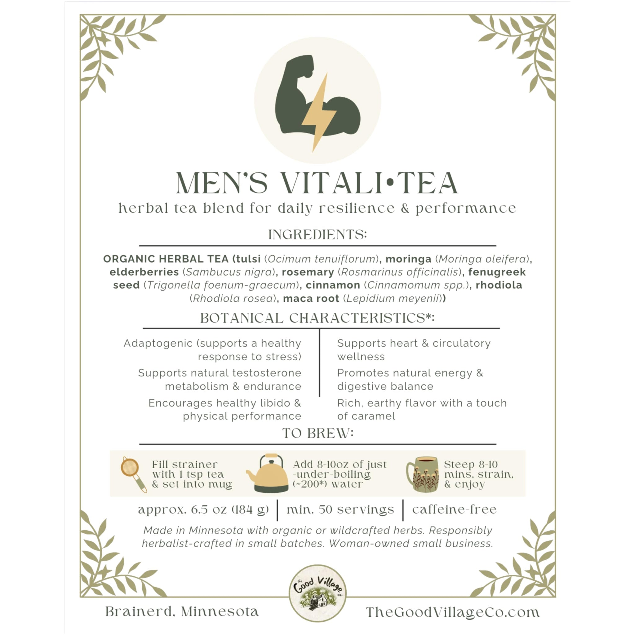 The Good Village Co. Men’s Vitali Loose Leaf Herbal Tea, Caffeine Free Botanical Blend with Ashwagandha, Nettle & Roasted Herbs, 6.5 oz, Approx. 50