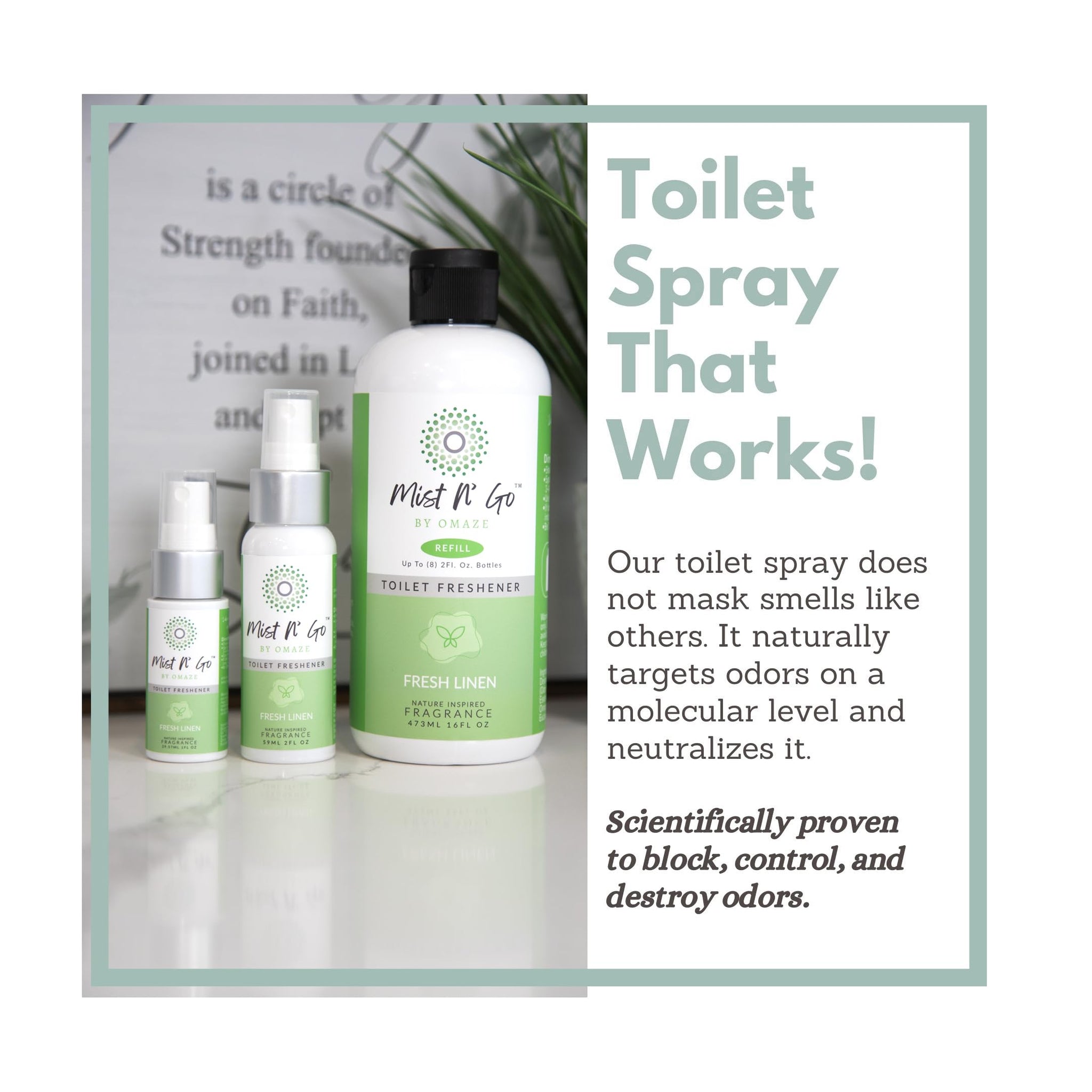 Mist N' Go by OMAZE Bathroom Odor Spray for Toilet Spray Refill Bottle - Multitasking Toilet Spray - Bathroom Spray Odor Eliminator for Strong Odors |