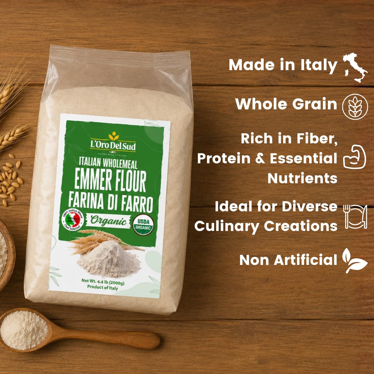 L’Oro Del Sud Organic Farro (Emmer) Flour - 4.4 lb (2 kg), Stone-Ground Ancient Grain Flour from Italy, All-Purpose, High Fiber, Non-GMO
