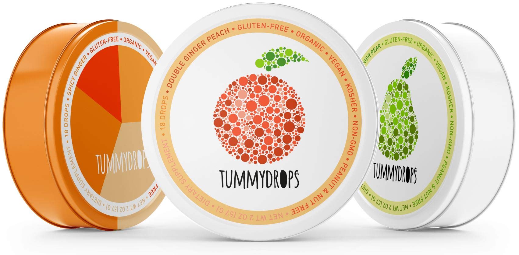 Tummydrops Organic Ginger Goodness Pack (1 tin each Spicy Ginger, Sweet Ginger Pear, & Double Ginger Peach). Gluten Free & Vegan. 54 Individually
