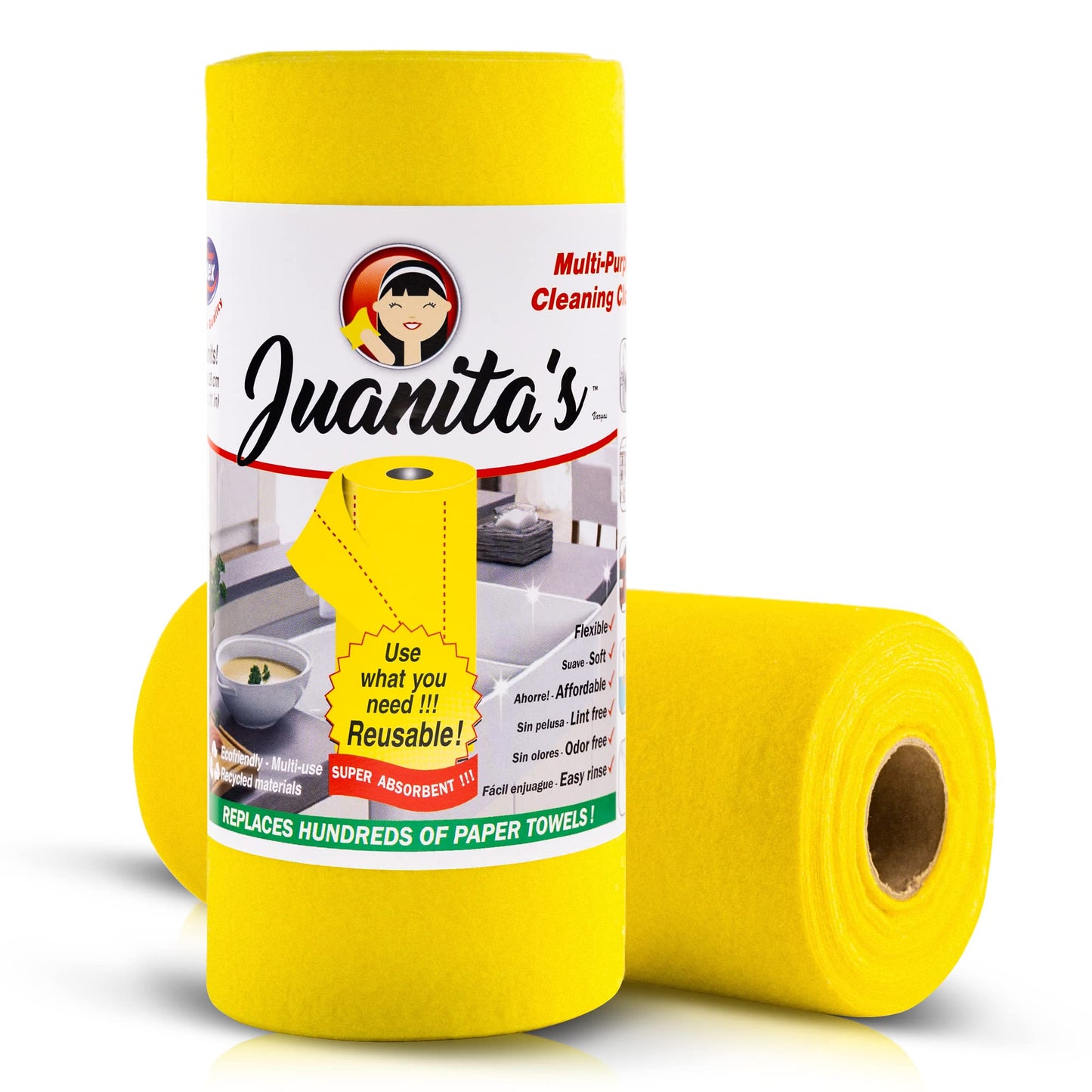 Juanita’s Reusable Paper Towels (25 Sheet Roll) - Washable & Heavy Duty Eco-Friendly Cleaning Cloths - Ultra-Absorbent, Lint-Free & Quick Drying