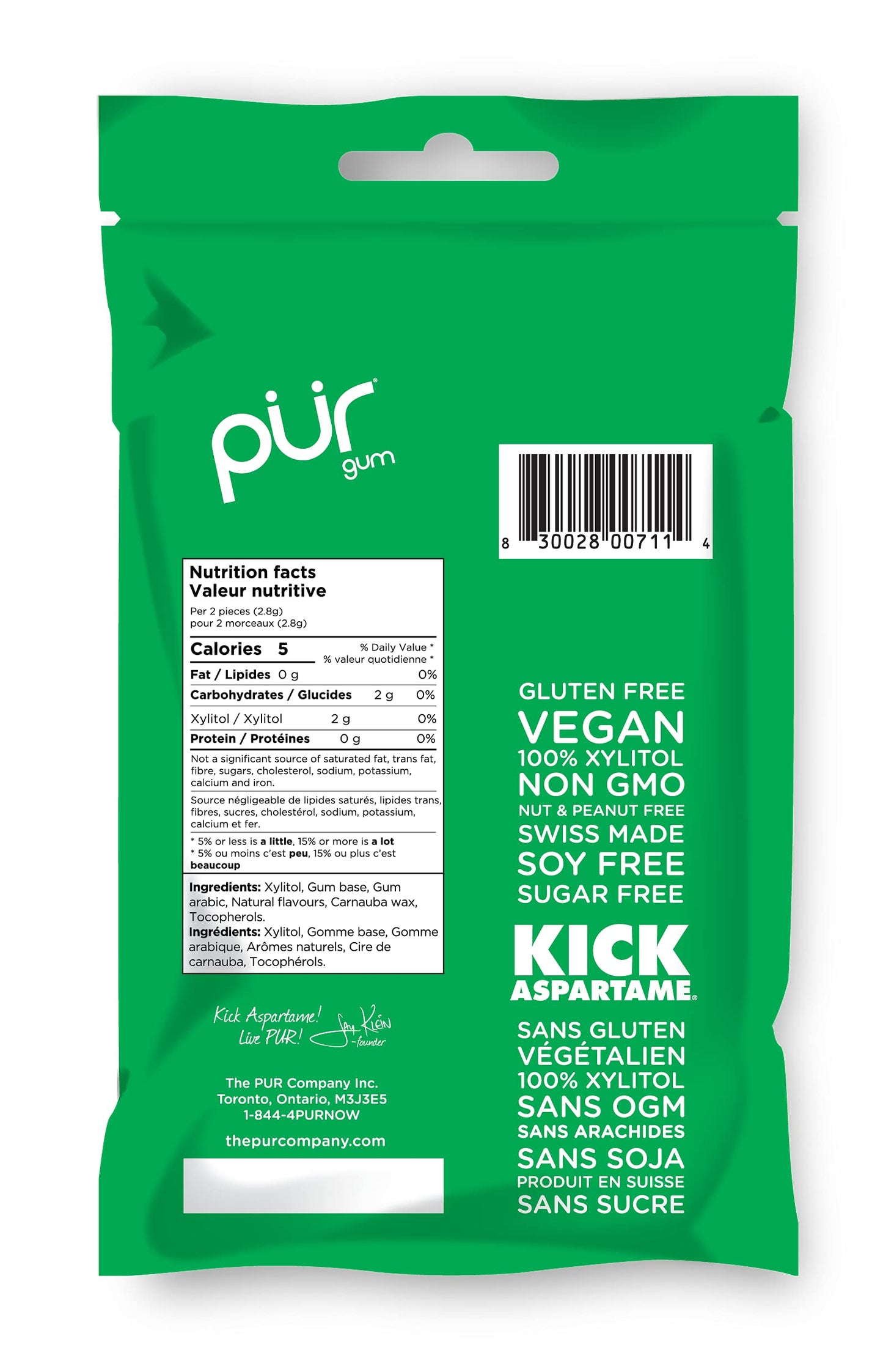 PUR 100% Xylitol Chewing Gum, Spearmint, Sugar + Aspartame Free, Vegan + Non Gmo, 72 Count
