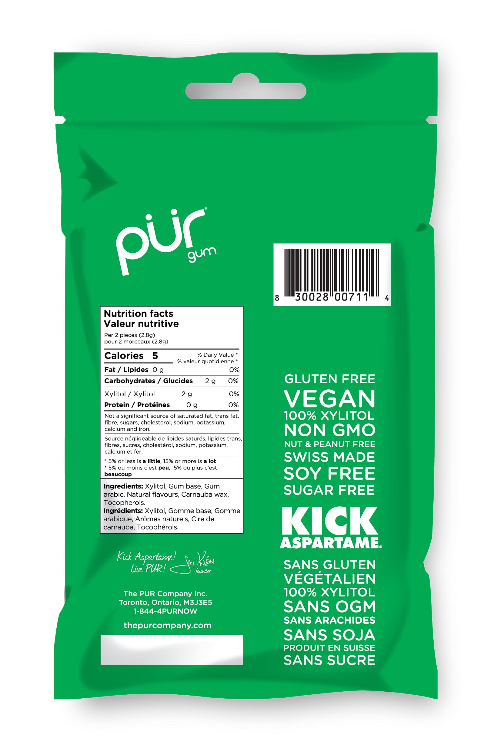 PUR 100% Xylitol Chewing Gum, Spearmint, Sugar + Aspartame Free, Vegan + Non Gmo, 72 Count