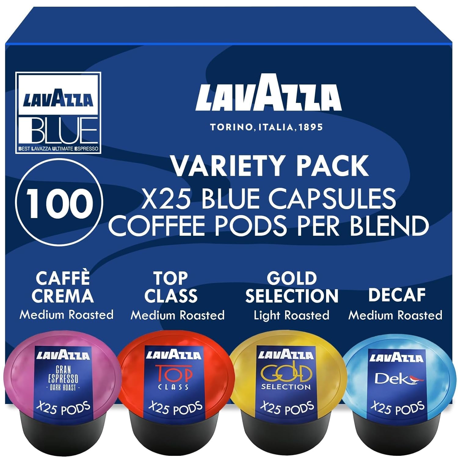 Lavazza Blue Coffee Capsules Variety Pack - 100 Count - Includes Decaf Dek, Gran Espresso, Top Class & Gold Selection - Compatible with Lavazza LB