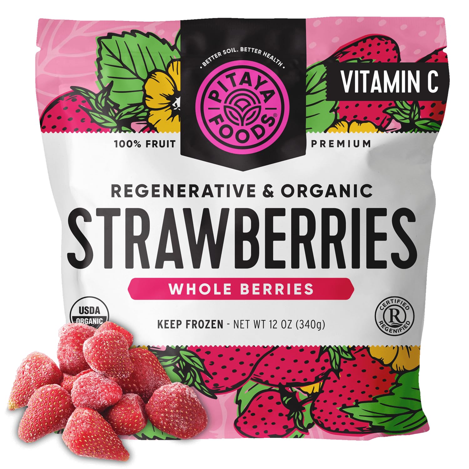 Pitaya Foods® Regenerative Organic Strawberries Whole Berries, Pre-Packaged Frozen Fruit, No Added Sugar or Preservatives, Good Source of Fiber, High