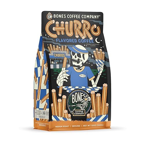 Bones Coffee Company Churro, Sweet Sugary Cinnamon Flavored Coffee, Medium Roast Low Acid Arabica Beans Compatible with Auto drip and French Press