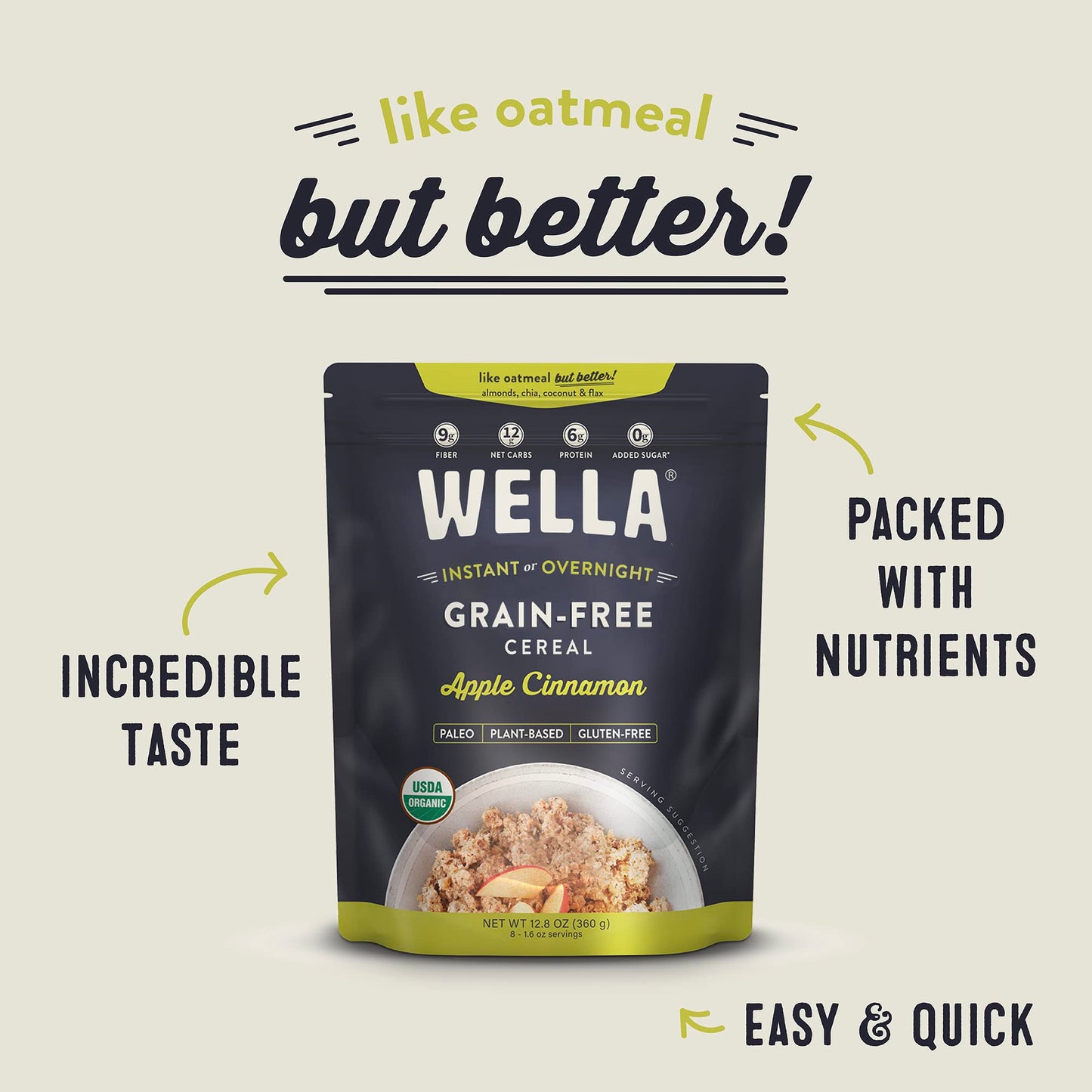 Wella Cereal Oatmeal Alternative, Gluten-Free Breakfast Hot Cereal, Grain-Free Paleo Organic Vegan High Protein Superfood, Plant-Based Non-GMO, Low in