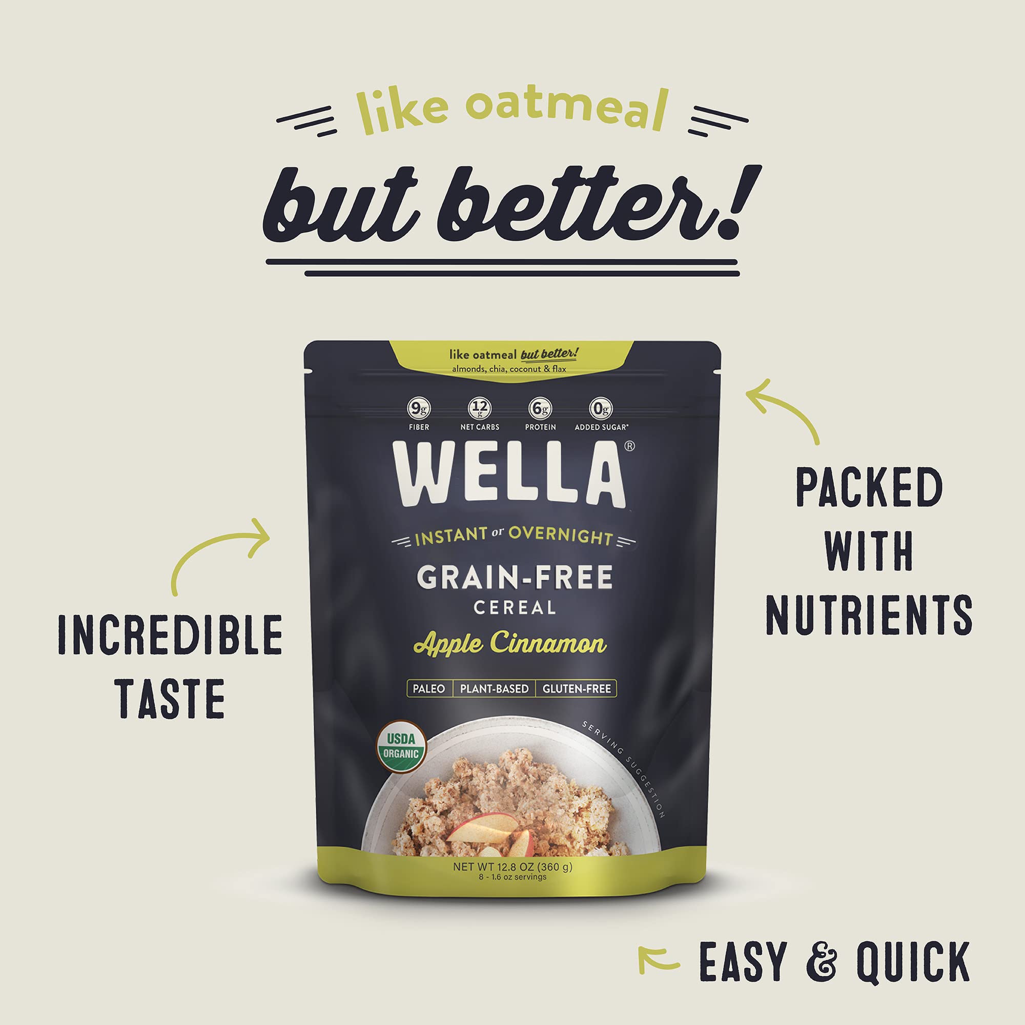 Wella Cereal Oatmeal Alternative, Gluten-Free Breakfast Hot Cereal, Grain-Free Paleo Organic Vegan High Protein Superfood, Plant-Based Non-GMO, Low in