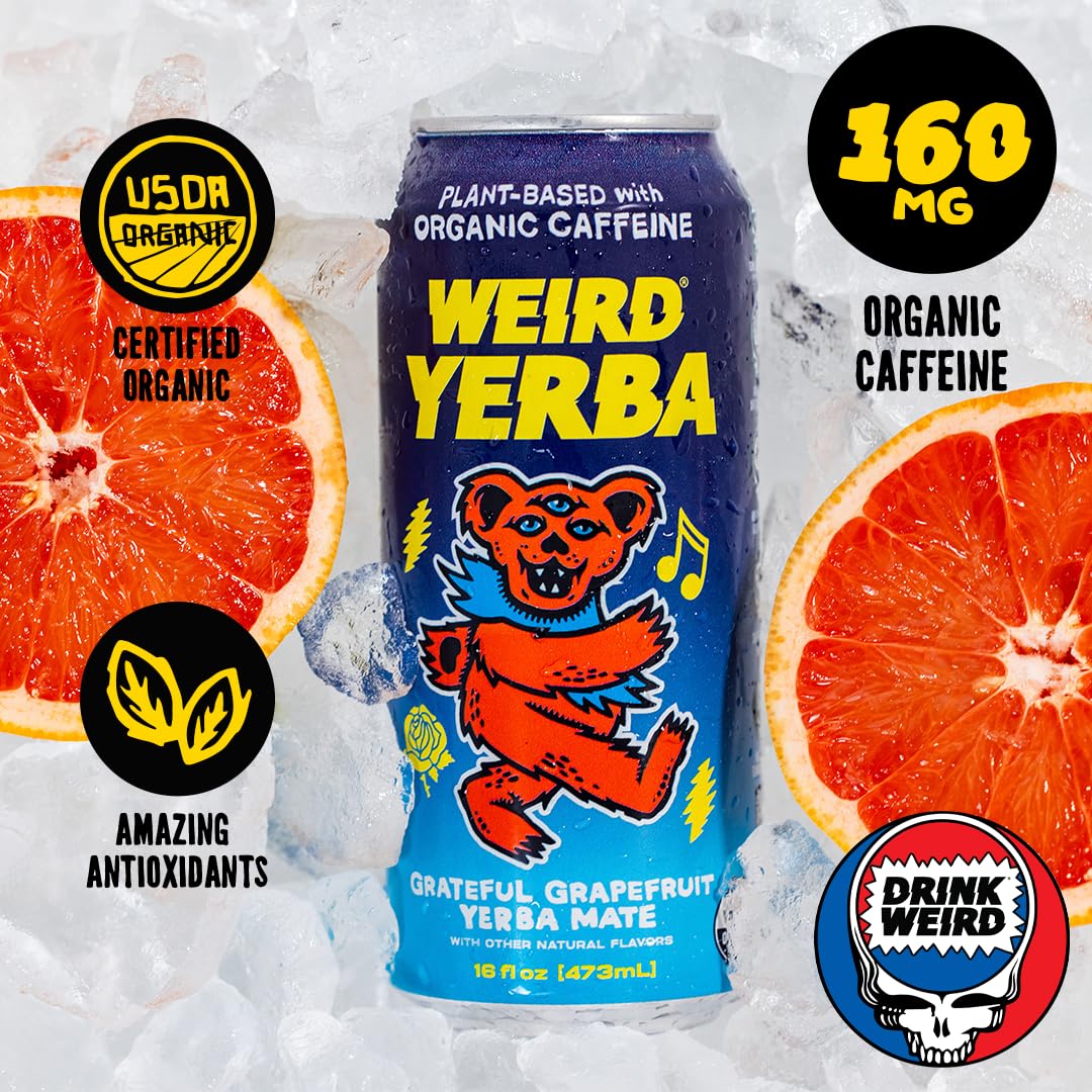 Drink Weird Organic Grateful Grapefruit Yerba Mate - 16oz Cans, 160mg Organic Caffeine, Pack of 12 - Grateful Dead Collab, Healthy Energy Drink